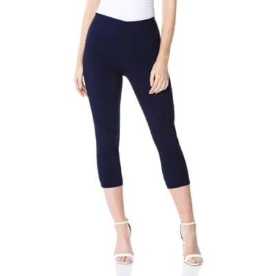 Image of Roman Originals Cropped Trousers for Women UK Ladies Capri Leggings Summer Pants Short Crop Stretch 3/4 Length Three Quarter Pedal Pusher Clothes Elasticated Bengaline Cut Off Navy Blue Size 14