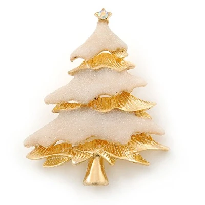 Image of Avalaya Gold Plated with Snow Effect &#039;Christmas Tree&#039; Brooch 6cm Length