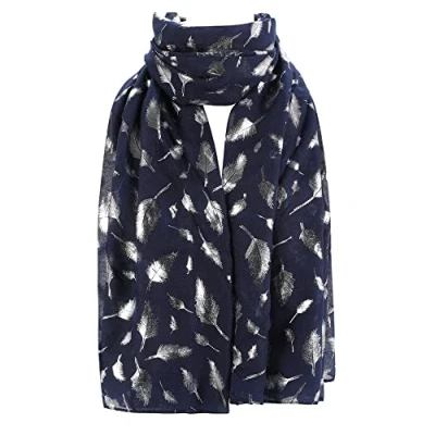 Image of London Scarfs New Ladies Women&#039;s Glitter Celebrity Designer Scarf Women Shawl Wrap (Feather Navy Blue)