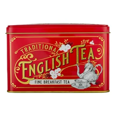 Image of New English Teas Vintage Victorian Tea Tin in Berry Red with 40 Breakfast Teabags