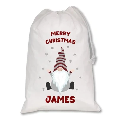 Image of Personalised Christmas Sack Xmas Santa Reindeer White Custom Name Gift Bag for Kids &amp; Adults Festive Large Reusable Holiday Present (Gonk 1)