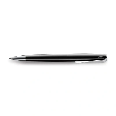 Image of Lamy studio pianoblack ballpoint pen in elegant stainless steel casing with propeller shaped clip incl. giant refill M 16 line width black