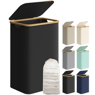 Image of SONGMICS Laundry Basket with Lid, Large Hamper, 90L, Removable Mesh Liner, Oxford Fabric, Bamboo Handles, Collapsible, 42 x 32 70.5 cm, Ink Black LCB509B01