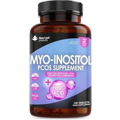 Image of Myo Inositol PCOS Supplement Capsules Enriched with Folic Acid, Vitamin B12 and Chromium Hormone Balance for Women 120 Vegan UK Made New Leaf B8