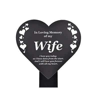 Image of Wife Memorial Remembrance Plaque Stake, HEART SHAPE Black and White, Waterproof, Outdoor, Grave Marker, Tribute, Plant Marker