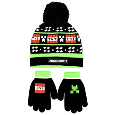 Image of Minecraft Children&#039;s Hat &amp; Gloves Set Black Woolly Pixel Design One Size Fits 6 12 Years Official Merchandise