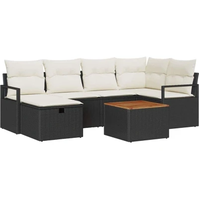 Image of vidaXL 7 Piece Garden Sofa Set with Cushions Black Poly Rattan