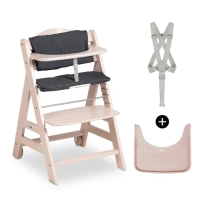 Image of hauck Beta+, Whitewashed Wooden High Chair Set from 6 Months to 90 kg with Wheels, Seat Cushion, Tray &amp; Bumper Bar, 5 Point Harness Crotch Strap Made FSC Certified Beechwood