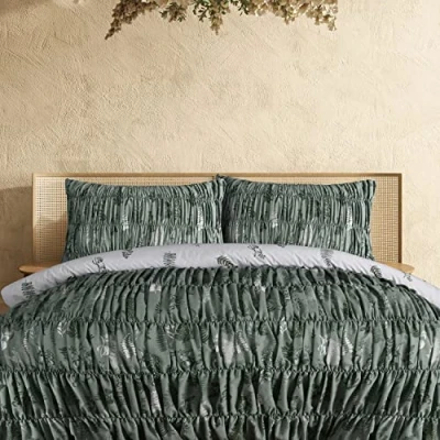 Image of Sleepdown Fern Leaves Rouched Pleats Green White Reversible Duvet Cover Quilt Bedding Set with Pillowcases Soft Easy Care Bed Linen Double (200cm x 200cm)