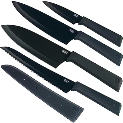 Image of Kuhn Rikon Colori+ Mixed Kitchen Knife Set with Blade Covers. Includes Chefs Knife, Bread Santoku and Paring Knife. Ultra Sharp Japanese Stainless Steel Blade. Dishwasher Safe. Black