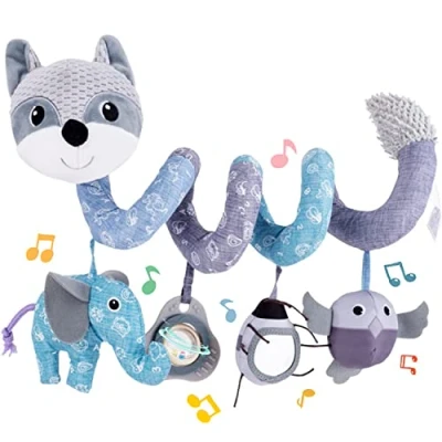 Image of Koty Spiral Pram Toys for Babies, Pushchair Stroller Car Seat Cot Crib Baby Boys Girls 0 3 6 9 12 Months, Plush Activity Rattle Hanging Toy Sensory Gift Newborn Infant (Gray Fox)