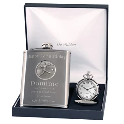 Image of Engraved 18th Birthday Pewter Football Feature Pocket Watch and Hip Flask Gift Set in a Quality Box