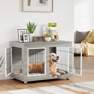 Image of PawHut Dog Crate Furniture, Side End Table, Indoor Kennel with Soft Washable Cushion, Wire Mesh, Large Top, for Medium and Dogs,90 x 58 65, Grey