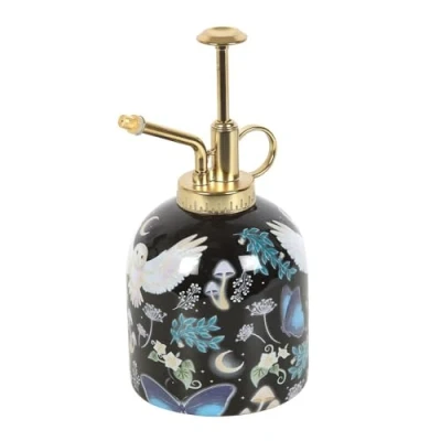 Image of Ceramic Plant Mister with Gold Detailing Mystical Night Owls, Crescent Moons &amp; Forest Plants 500ml Capacity Elegant, Functional Indoor Garden Tool Decorative Accent