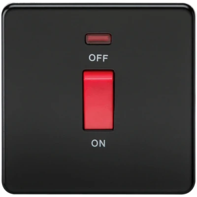 Image of KnightsBridge 45A 1G DP 230V Screwless Matt Black Electric Switch With Neon