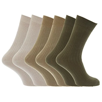 Image of Mens 100% Cotton Ribbed Classic Socks (Pack Of 6) (UK Shoe 6 11, EUR 39 45) (Beige/Olive/Khaki)