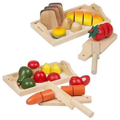 Image of URBN TOYS Large Set Of Wooden Fruit &amp; Veg or Bread Buns in Trays Pretend Play Food Cutting Toy (Fruit, Baked Goods)