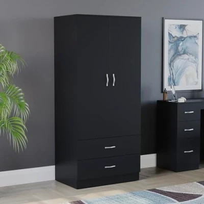 Image of Vida Designs Riano Wardrobe, With Shelf &amp; Hanging Rail Bedroom Storage Furniture (Black, 2 Door Drawer)
