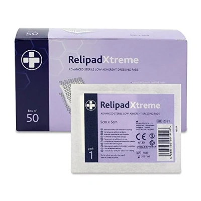 Image of Reliance Medical Sterile Relipad Xtreme Low Adherent Dressing Pads for Heavy Duty Use with Advanced Absorbency Technology, Double Sided Design Maximum Exudate Absorption, 5 cm x cm, Box of 50