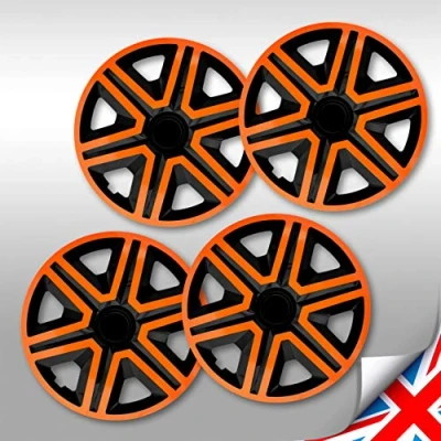 Image of 16&quot; HUB CAPS 15 Inch Wheel Trims HQ ABS Plastic Universal Push In Set of 4 ACTION ORANGE/BLACK