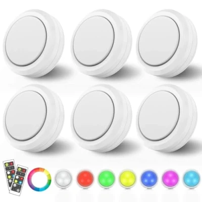 Image of MOUJUCHI Puck Lights, RGB Under Cabinet Lights Wireless LED Battery Operated Dimmable Night Light with Remote for Kitchen Closet Stair Shelf,6 Pack