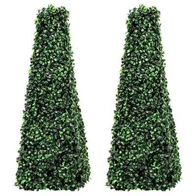 Image of Woodside Topiary Obelisk Leaf Effect, Green 2ft/65cm Indoor/Outdoor Replica Decoration (pack of 2)