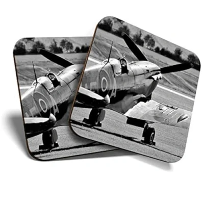 Image of 2 x MDF Glossy Top Coasters Square Vintage Spitfire Plane Aviation 12729