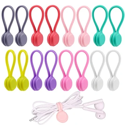 Image of LUTER 16 Pieces Magnetic Clips Straps Cables Organizers Cord Reusable Silicone Cable Ties for Earphone Line USB Charging Pens Keychain (8 Colours)