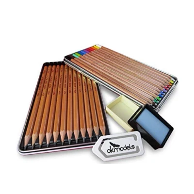 Image of OK models KOH I NOOR GIOCONDA 12 soft Pastel pencils,KOH Drawing, sketching, illustrating pencils 1510 (8B 2H) eraser, paper clip