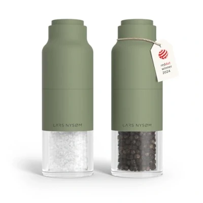 Image of LARS NYSØM Salt and Pepper Grinder Set Stainless Steel with Adjustable I Bottle Design Spice Mills Manual (Sage Green)