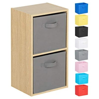 Image of Hartleys 2 Tier Oak Cube Unit Grey Storage Boxes