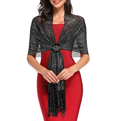 Image of vimate Black &amp; Silver Shawls for Women, Shimmering Metallic Dressy and Wraps Evening Dresses (UK Silver)