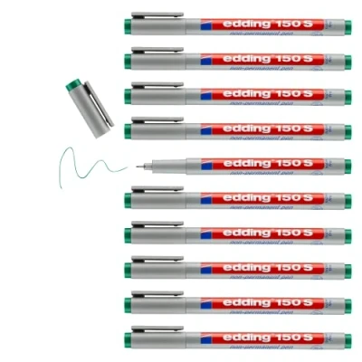 Image of edding 150 S non permanent pen green 10 pens round nib 0.3 mm for writing on glass, plastic, foils and smooth surfaces quick drying, can be corrected with water