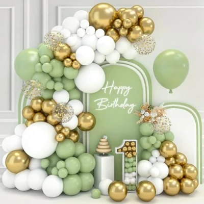 Image of Green Balloons Arch Kit 102pcs Sage Garland with Gold Balloons, White Safari for Birthday Decorations, Holy Communion Baby Shower, Jungle Party