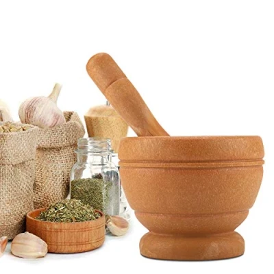 Image of LIZEALUCKY Mortar and Pestle Set, Classic Wood Grain Plastic with Bowl, Garlic Press Ginger Crusher, Spices Grinding, Herb Spice Masher (Wood)