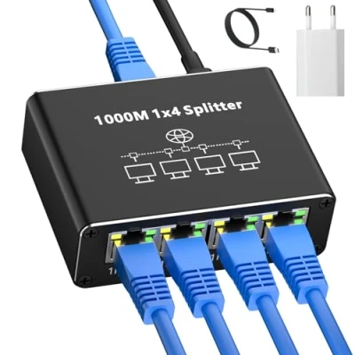 Image of AOUZEA LAN Splitter 1 to 4 1000Mbps Ethernet Switch Port With USB C Power Cable Gigabit for Computer, Hub, Network Switch, Router, Set Top Box, Digital TV