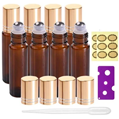 Image of JamHooDirect 8Pcs 10ml Essential Oils Roller Bottles, Refillable Amber Glass Roll on Bottles with Golden Lids, Includes 12Pcs Stickers, 1 Dropper &amp; Opener Great for Aromatherapy, Fragrance