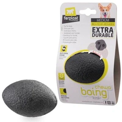Image of Ferplast CHEWA BOING RUGBY Dog Toy Super Bouncing &amp; Floating Innovative Chewing Resistant Material 3D Texture for Dental Hygiene Ultra Durable Italian Design Size M, Black