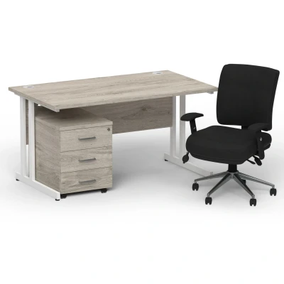 Image of Impulse 1400 White Cant Desk Grey Oak + 3 Dr Mobile Ped &amp; Chiro Black
