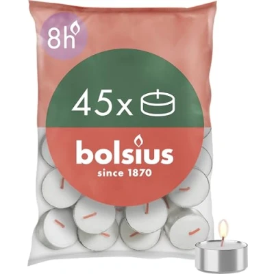Image of Bolsius D Light Tea Lights Pack of 45 in Bag Length Burning Time 8 Hours Decorative Household Candles White Contains Natural Plant Wax Without Palm Oil