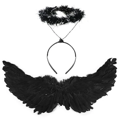 Image of VEYLIN Angel Wings and Halo, Black Fairy Fallen Halloween Fancy Dress Costume for Adult Christmas Party