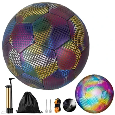 Image of Reflective Football Size 5 Glow in the Dark with Pump Holographic Light Up for Night Games and Training Bright Standard Flashing Soccer Gift Kids Adults Outdoor Sports