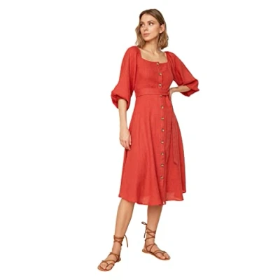Image of Trendyol Women&#039;s Midi A Line Regular Fit Woven Dress, Cinnamon, 8