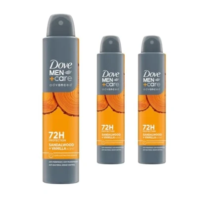 Image of Dove Men+Care Advanced Sandalwood + Vanilla anti Perspirant Aerosol Men&#039;s Deodorant Spray with moisturising cream for 72 hour sweat protection and bacterial odour control 200 ml Pack of 3