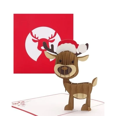 Image of Pop Up Card Reindeer with Christmas Hat Funny 3D Cute Rudolf, Folding for