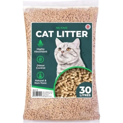 Image of Munnie Cat Litter 30L Biodegradable, Dust Free, Unscented Litter, Ultra Absorbent Wood Pellets for Cats &amp; Kittens, Natural Housetraining, Non Clumping, Granules, Pet Safe