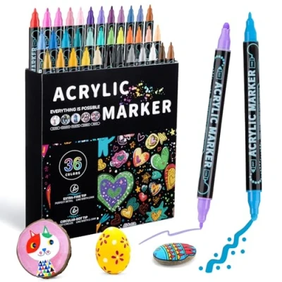 Image of Mzh Art 36 Colors Dual Tip Acrylic Paint Pens Markers, Double Premium Markers for Wood, Rock Painting, Glass, Canvas, Stone, DIY Crafts Making Supplies
