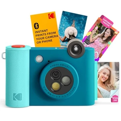 Image of KODAK Smile+ 2 in 1 Digital Instant Print Camera &amp; Wireless Bluetooth Photo Printer 10MP, Special Effect Rotating Lens, Zink 2x3 Inch Sticky Back Photos, via Fun App from Smart Devices Blue