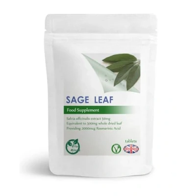 Image of Sage Leaf 500mg Extract Tablets, Menopause Support, Hot Flushes, Sweats, Natural Rosmarinic Acid (Pack of 30)