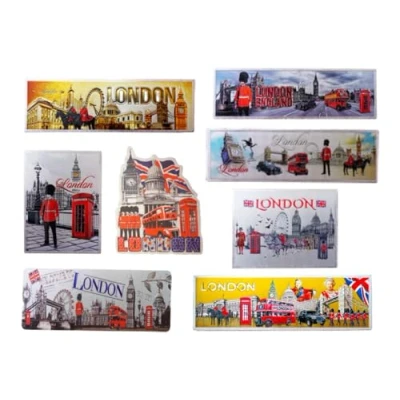 Image of Set of 8 London England Famous Icons Acrylic Foil Fridge Magnets